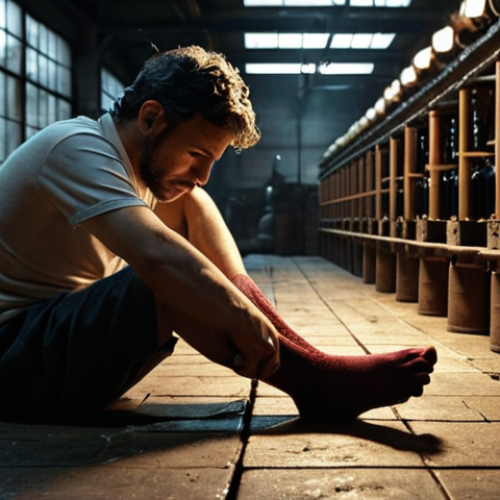 Home 4 **"Whisky"**: A melancholic portrait of Jacobo in his sock factory, bathed in dim light, conveying loneliness and quiet contemplation.