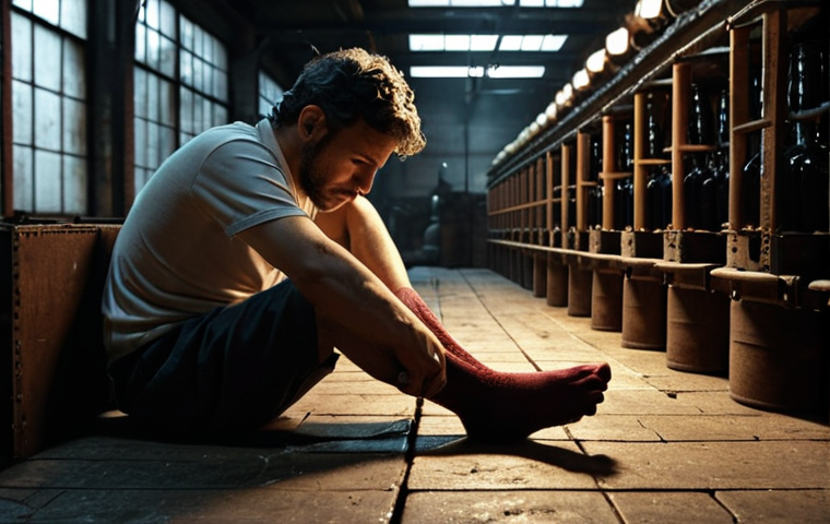 **"Whisky"**: A melancholic portrait of Jacobo in his sock factory, bathed in dim light, conveying loneliness and quiet contemplation.