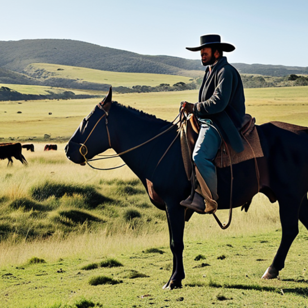Historical Scene (19th Century)**
"A gaucho (Uruguayan cowboy), fully clothed in traditional attire, herding cattle on the open range in Uruguay during the 19th century. Rolling hills and grasslands in the background. Safe for work, appropriate content, modest clothing, perfect anatomy, correct proportions, natural pose, professional illustration, family-friendly."
**