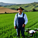 "A Uruguayan farmer, fully clothed in professional attire, using a drone to monitor crops in a green field. Rolling hills in the background. Safe for work, appropriate content, perfect anatomy, high quality, family-friendly."