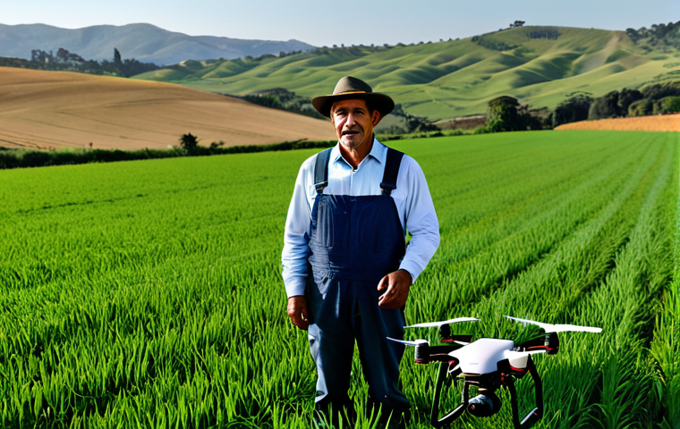 "A Uruguayan farmer, fully clothed in professional attire, using a drone to monitor crops in a green field. Rolling hills in the background. Safe for work, appropriate content, perfect anatomy, high quality, family-friendly."