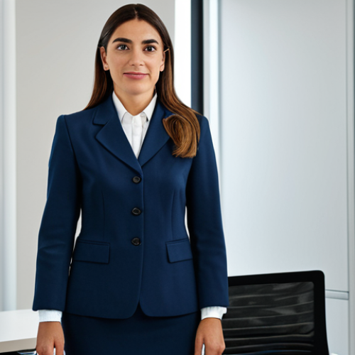 Home 23 우루과이 노동시장 - "A Uruguayan businesswoman in professional attire, standing in a modern office in Montevideo, fully ...