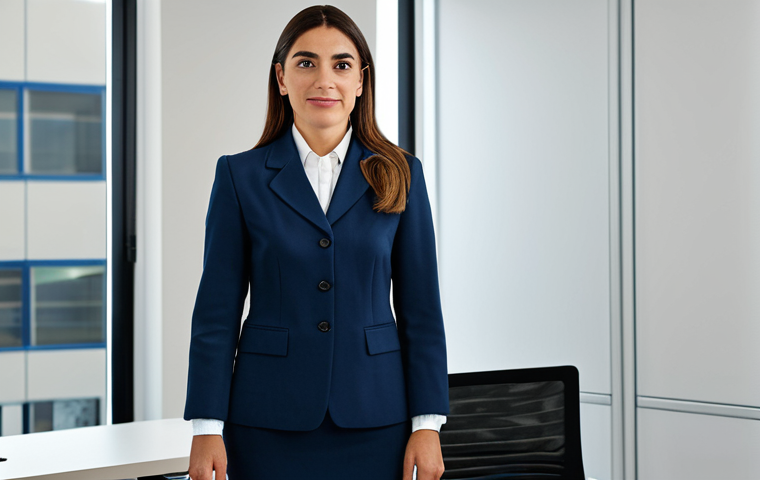 우루과이 노동시장 - "A Uruguayan businesswoman in professional attire, standing in a modern office in Montevideo, fully ...