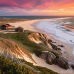 우루과이 자연 관광지 - **Prompt:** "A breathtaking panoramic view of the untouched golden beaches of Cabo Polonio, Uruguay,...