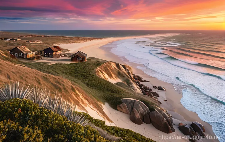 우루과이 자연 관광지 - **Prompt:** "A breathtaking panoramic view of the untouched golden beaches of Cabo Polonio, Uruguay,...